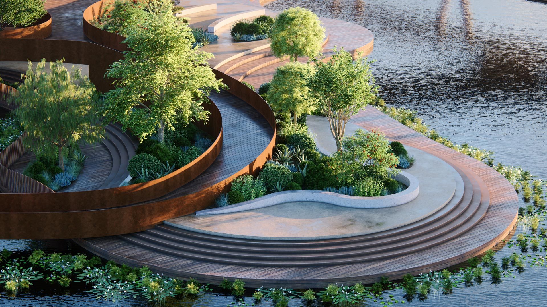 Pontili circolari con alberi e vegetazione sull'acqua