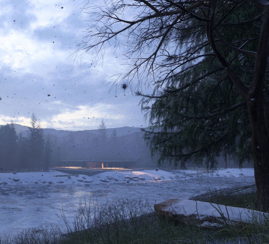 Paesaggio lacustre in inverno con neve