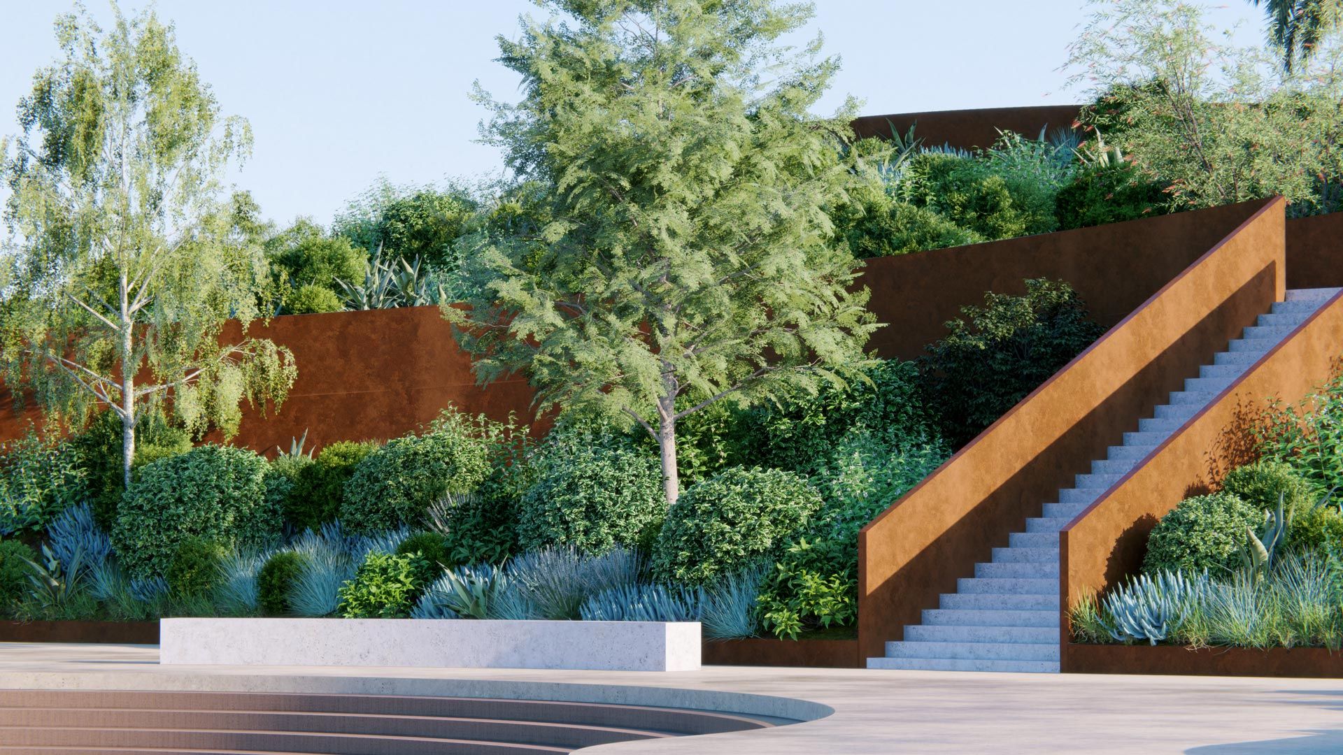 Scalinata in corten tra alberi e vegetazione