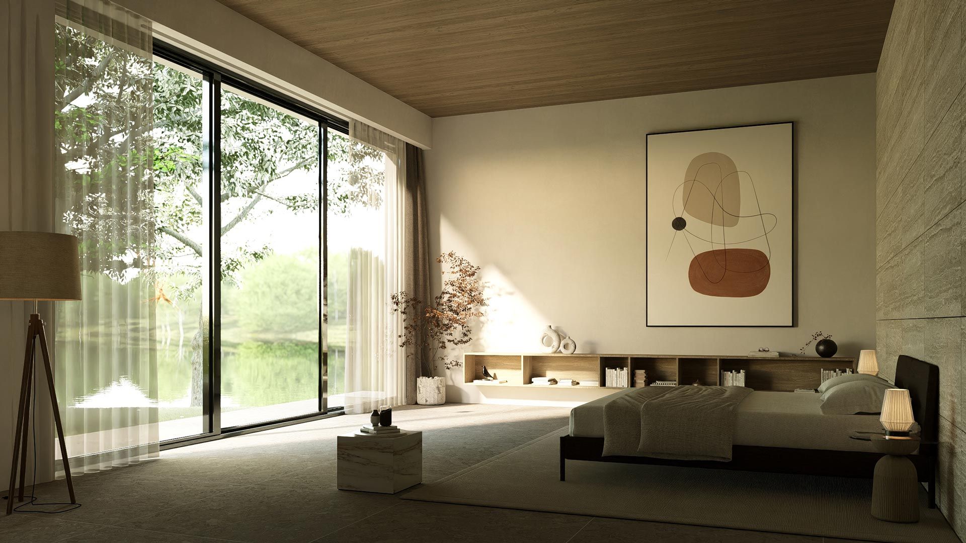 Camera da letto con luce naturale diurna in ray tracing